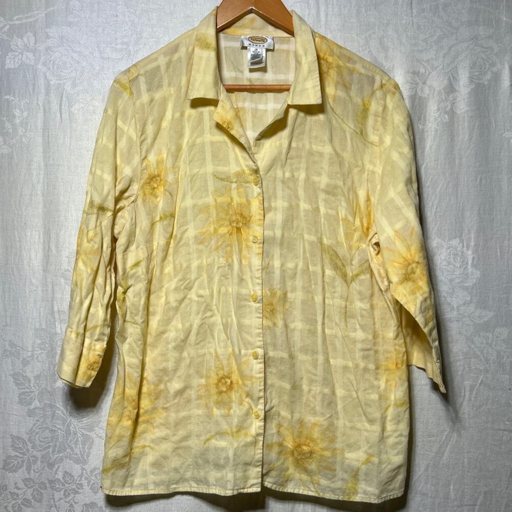 VTG Talbots Button Up 1X Yellow Floral Sunflowers 3/4 Sleeve Plaid Cottagecore